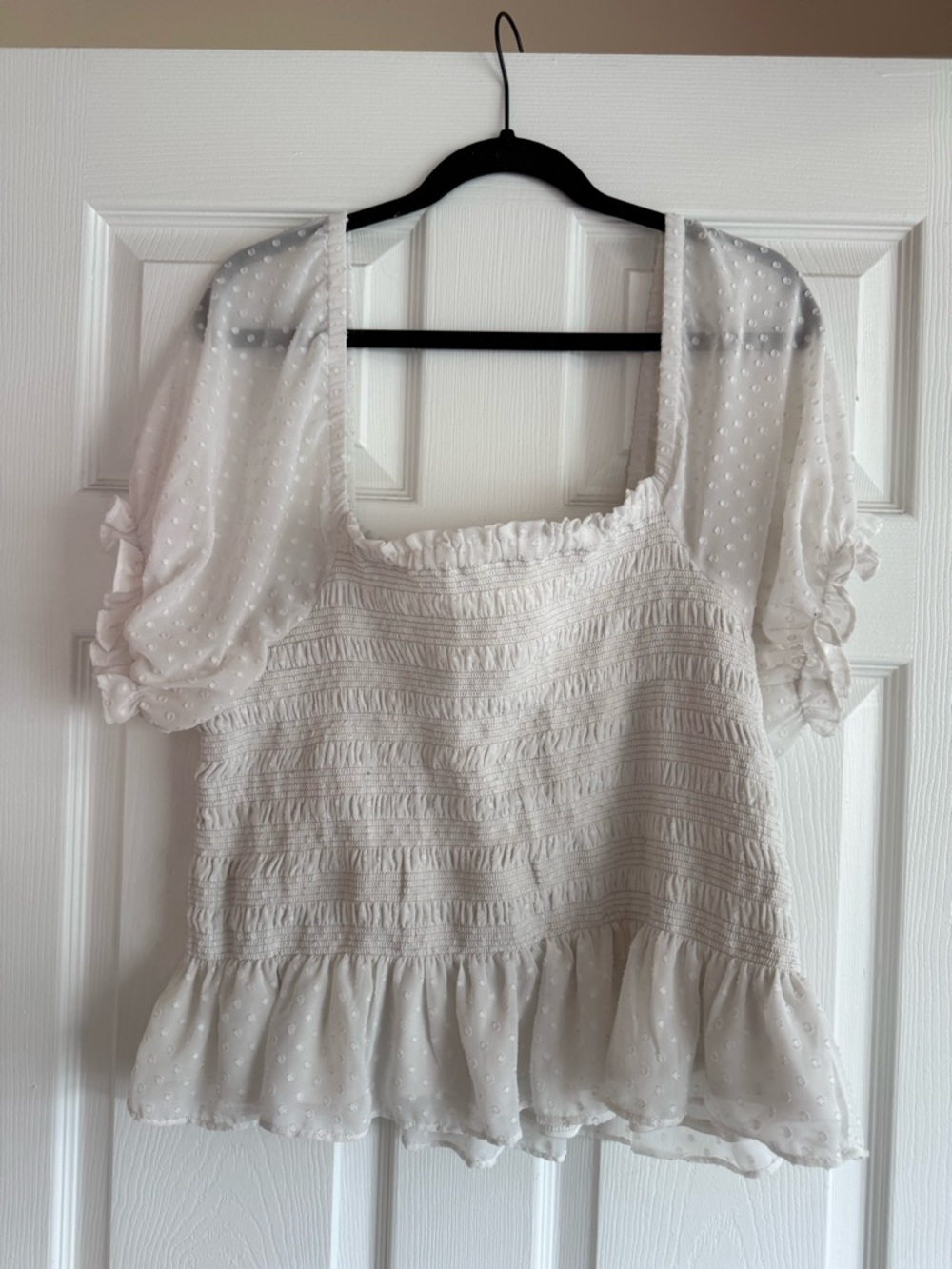 Express White Smocked Swiss-Dot Peasant Blouse